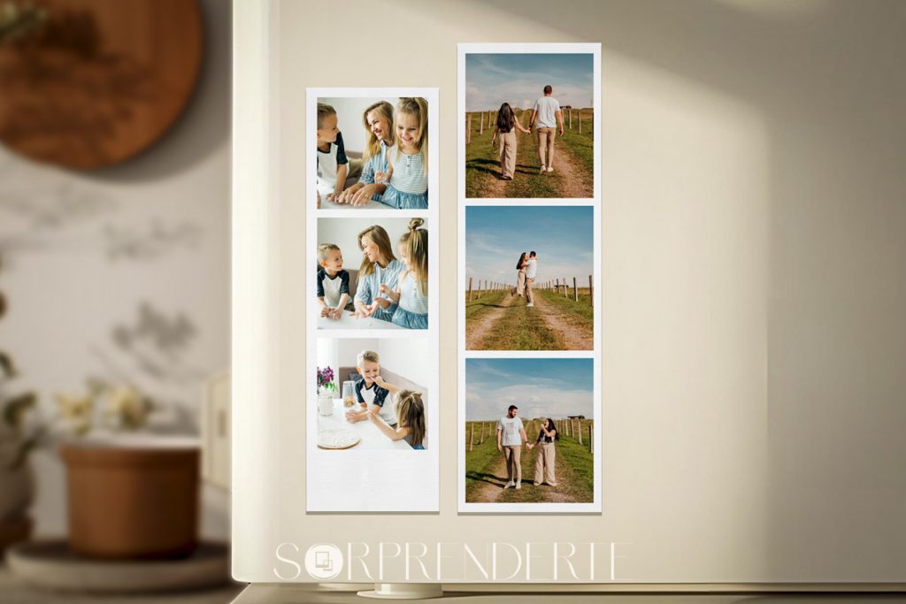 Comparación de imanes fotomatón personalizados, uno clásico con marco blanco y otro en estilo polaroid.