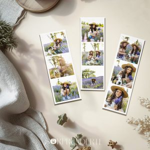 Pack de 3 imanes fotomatón clásico personalizados de 6.5x21 cm con 9 fotos en total, colocados sobre una superficie plana como mockup para mostrar el diseño y el formato del producto.