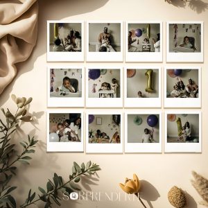 Pack de 12 imanes Polaroid personalizados con fotos de 7.5x8.5 cm colocados sobre una superficie plana como mockup para mostrar el diseño y el acabado del producto.