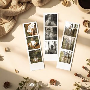 Pack de 3 imanes fotomatón Polaroid personalizados con 9 fotos en total, colocados sobre una superficie plana como mockup para mostrar el diseño y el formato del producto.