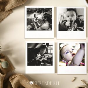 Pack de 4 imanes Polaroid personalizados con fotos de 8.8x10 cm colocados sobre una superficie plana como mockup para mostrar el diseño y acabado del producto.