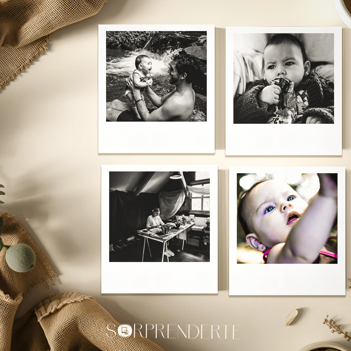 Pack de 4 imanes Polaroid personalizados con fotos de 8.8x10 cm colocados sobre una superficie plana como mockup para mostrar el diseño y acabado del producto.