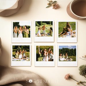 Pack de 6 imanes Polaroid personalizados con fotos de 7.5x8.5 cm colocados sobre una superficie plana como mockup para mostrar el diseño y acabado del producto.