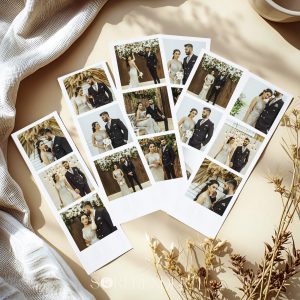 Pack de 6 imanes fotomatón Polaroid personalizados con 18 fotos en total, colocados sobre una superficie plana como mockup para mostrar el diseño y el formato del producto.