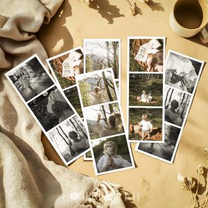 Pack de 6 imanes fotomatón clásico personalizados de 6.5x21 cm con 18 fotos en total, colocados sobre una superficie plana como mockup para mostrar el diseño y el formato del producto.