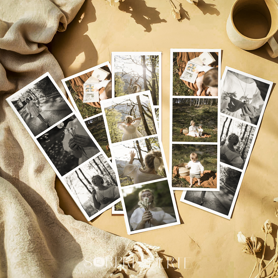 Pack de 6 imanes fotomatón clásico personalizados de 6.5x21 cm con 18 fotos en total, colocados sobre una superficie plana como mockup para mostrar el diseño y el formato del producto.