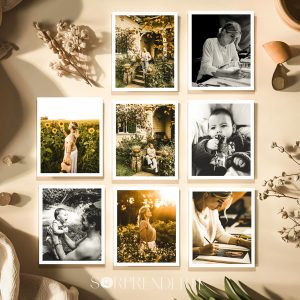 Pack de 8 imanes personalizados con fotos de 8x10 cm en marco blanco clásico, colocados sobre una superficie plana como mockup para mostrar el diseño y acabado del producto.