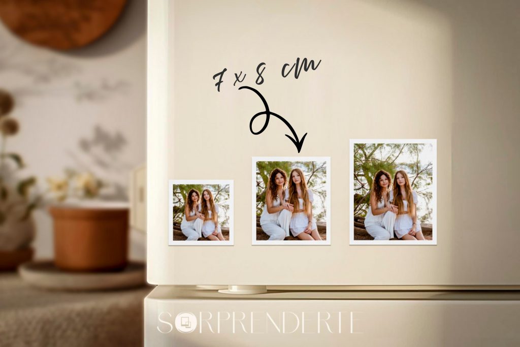 Comparativa de tres tamaños de imanes personalizados con tus fotos en estilo clásico, con una flecha señalando el imán mediano de 7x8 cm para destacar su tamaño.