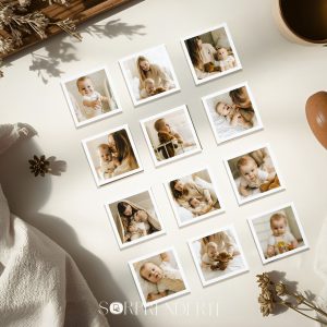 Mockup del pack de 12 imanes personalizados con tus fotos de 6x6 cm con marco blanco clásico, mostrados sobre una superficie plana.