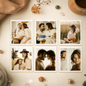 Pack de 6 imanes personalizados con fotos de 7x8 cm en marco blanco clásico, mostrando un imán con una imagen emotiva, en un mockup artístico.