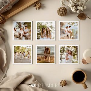 Pack de 6 imanes personalizados con tus fotos de 6x6 cm en estilo clásico, colocados sobre una superficie plana como ejemplo de presentación del producto.