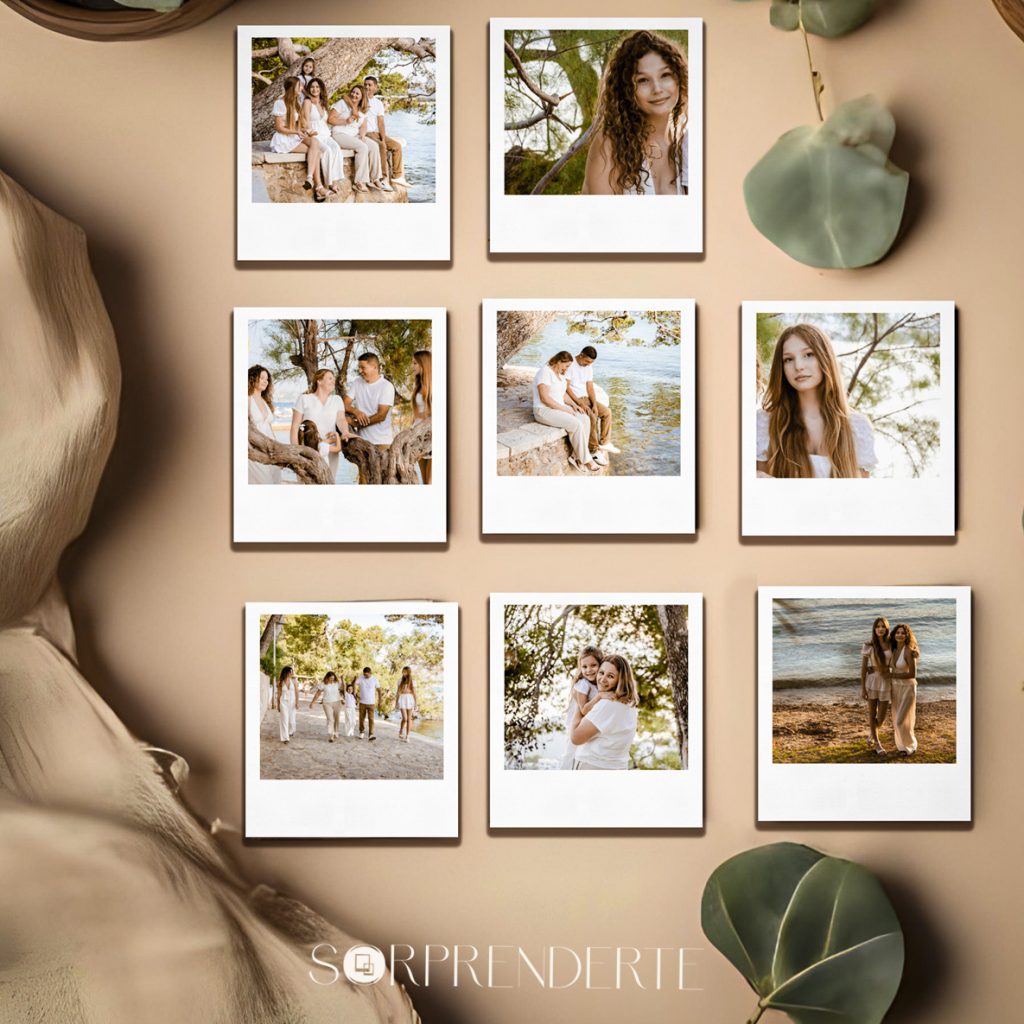 Pack de 8 imanes Polaroid personalizados con fotos de 8.8x10 cm colocados sobre una superficie plana como mockup para mostrar el diseño y acabado del producto.